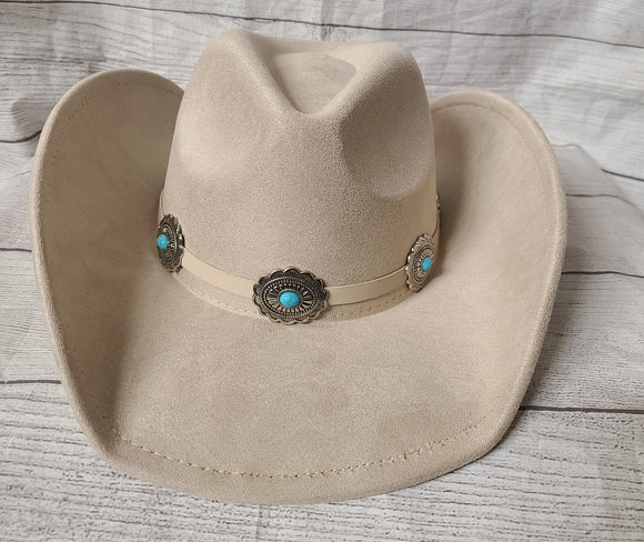 tan cowboy hat with turquoise hatband