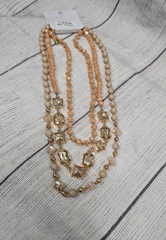 3 strand beaded glitter necklace- peach
