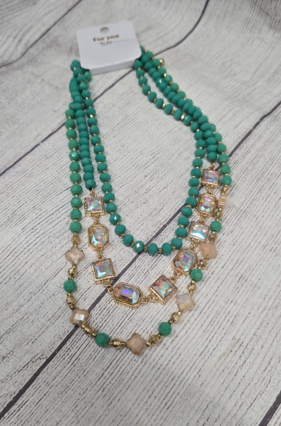 3 strand beaded glitter necklace- teal