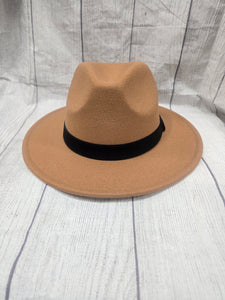 tan fashion hat with black band