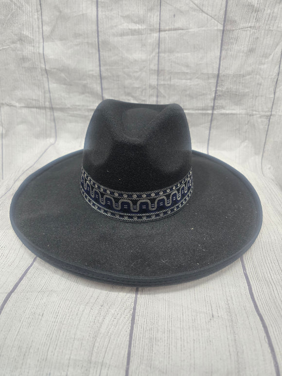 black fashion hat with navy band