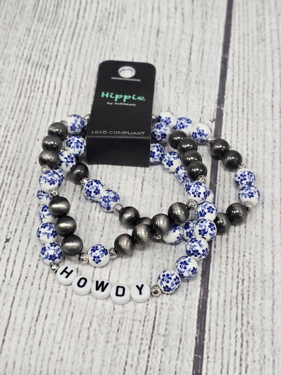 howdy 3 piece stretchy bracelet with blue floral beads