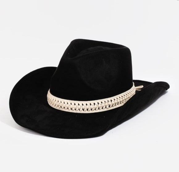 faux leather cowboy hat- black with white hatband