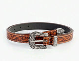brown Tooled skinny belt