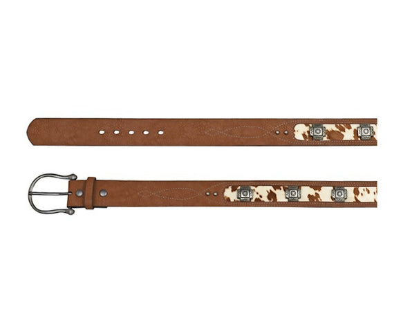 LADIES BELT BROWN W/HAIR HIDE INLAY & CONCHOS