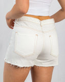 white denim button fly shorts