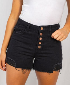 black denim button fly shorts