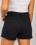 black denim button fly shorts