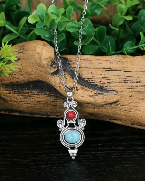 red and teal colored stone necklace