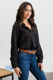 SPLIT NECK PLEATED LONG SLEEVE TOP- black