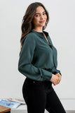 SPLIT NECK PLEATED LONG SLEEVE TOP- green