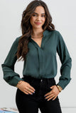 SPLIT NECK PLEATED LONG SLEEVE TOP- green