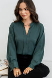 SPLIT NECK PLEATED LONG SLEEVE TOP- green