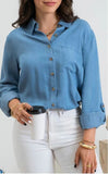 Chambray Tab Sleeve Collared Button Down Chambray Top