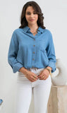 Chambray Tab Sleeve Collared Button Down Chambray Top