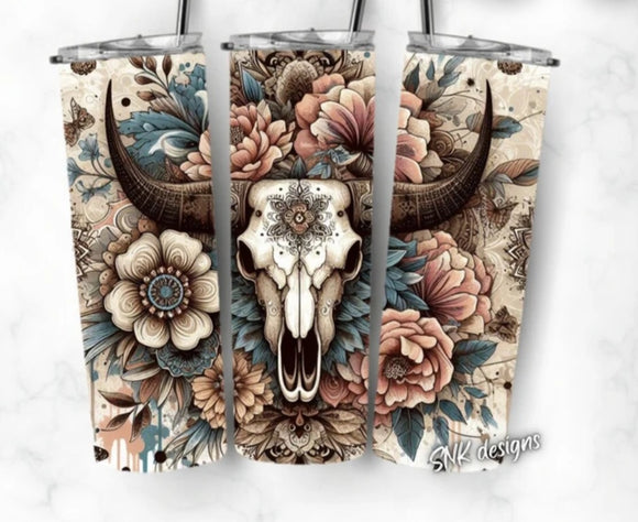 floral steer skull tumbler