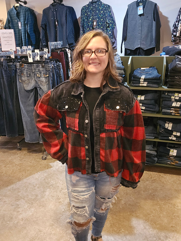 buffalo plaid cord sequin acid wash shacket