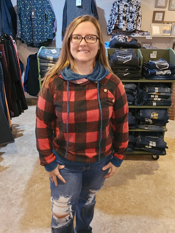 Buffalo plaid hoodie with teal trim