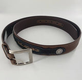 N2476044 Men's Standard Belt in Brown Distressed Leather with Fancy Woven Back