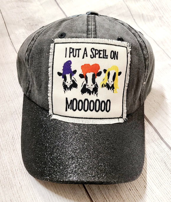 black sparkle i put a spell on mooo hat