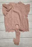 all the frills and whistles cropped fancy top- dusty peach