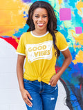 GOOD VIBES ON TRIM IT DOWN SHORT SLEEVES RINGER TEE, WHITE AND MUSTARD