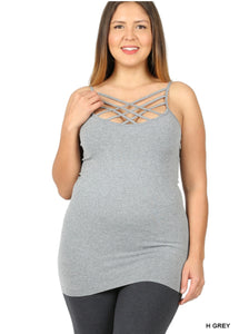 heather grey criss cross plus tank