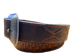 Hooey Mens Western Tooled Leather Geometric Wash Belt, Brown/Orange 1654be2
